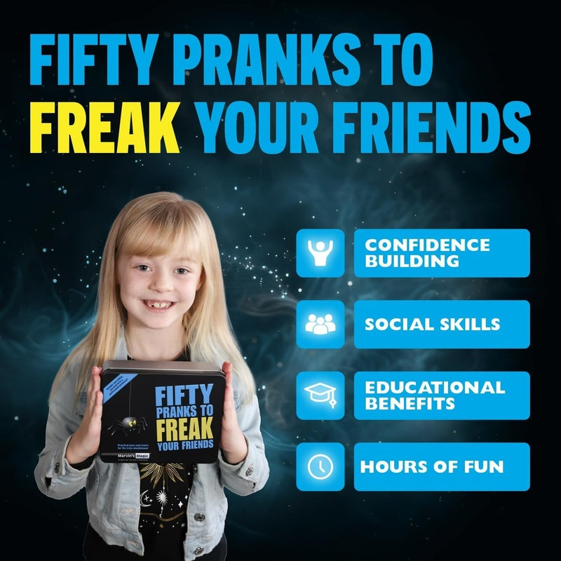 Marvins Magic Marvin’s Magic Fifty Pranks to Freak Your Friends Gift Tin – Kids Prank & Joke Set with 50 Funny Practical Jokes and Props, Hilarious Fun for Ages 8+ - Image 3